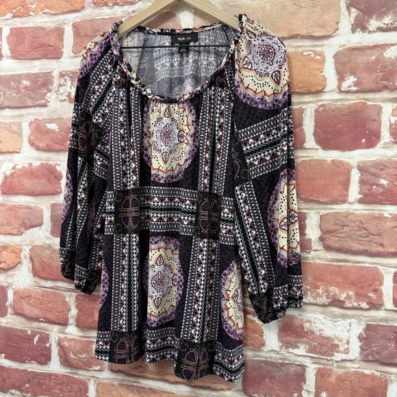 Style & Co Top Women's Large Black Multicolor Boho Floral Medallion Tunic Shirt - Picture 3 of 8